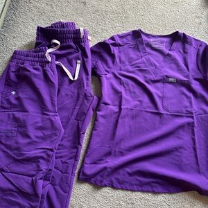 Figs Vibrant Purple Scrub Top & Drawstring Pants 3 piece set